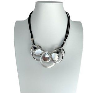 Necklace, Silver Geometric Collar, 3 Strand Black Cord, 18"-20"